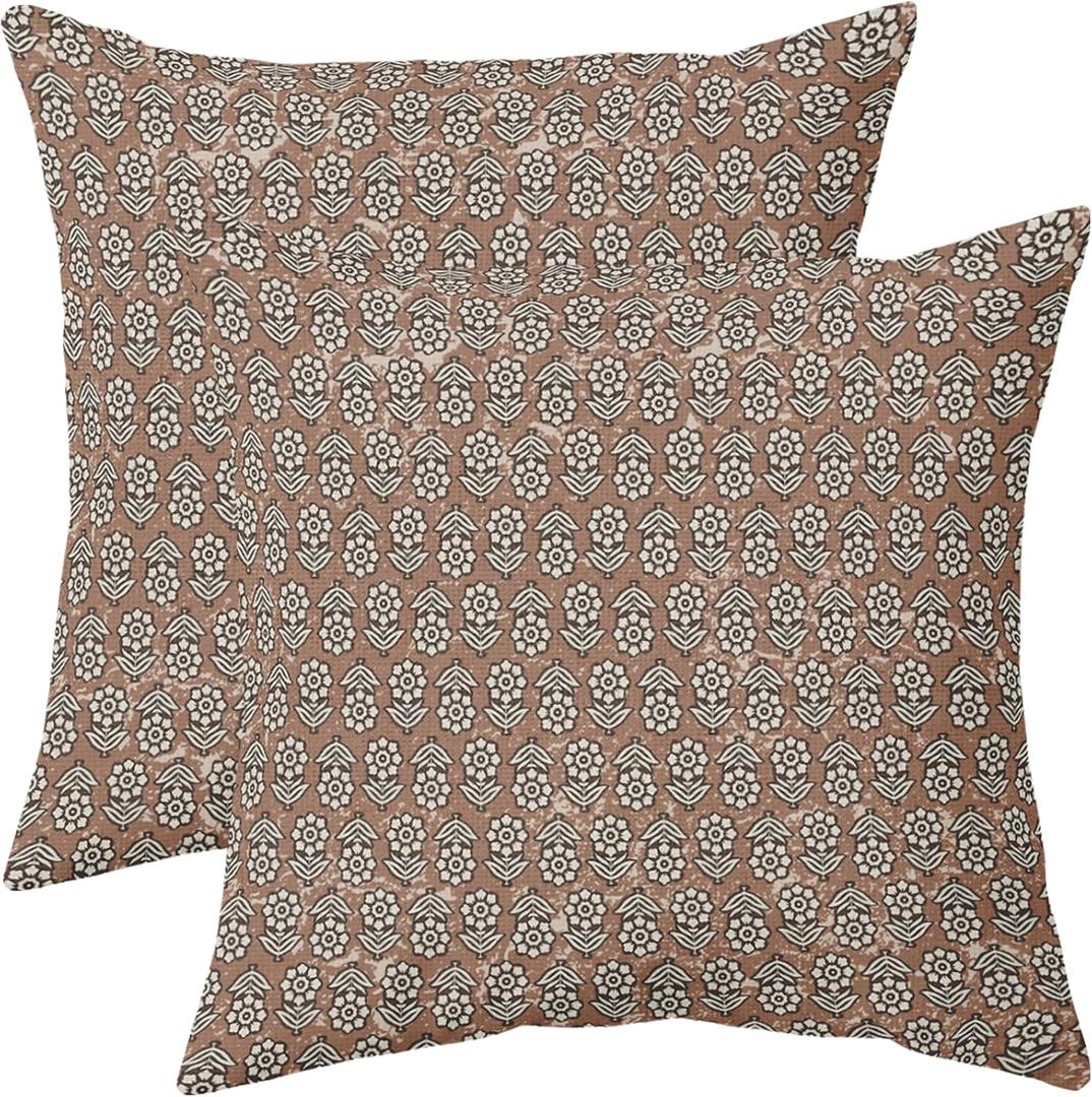 Brown Floral Pillow Covers 20x20 Set of 2 Rustic Old Style Block Print Outdoor Decorative Throw Pillows Farmhouse Vintage Flowers Pillowcases Decor for Home Sofa Couch Bed