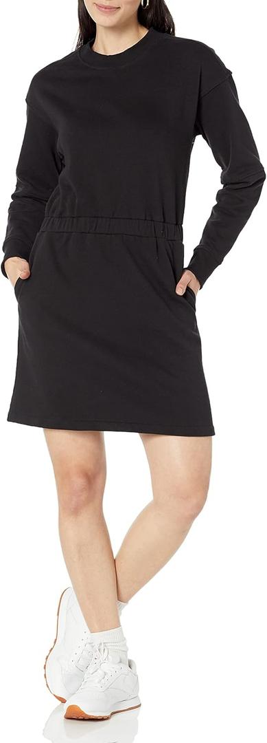 Amazon Essentials Women's Waisted Sweatshirt Dress (XS) (Black)