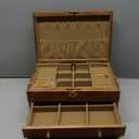 Wooden Jewelry Box with Lock and Key for Women, 2 Drawers Medium Size Real Natural Wood Lockable Antique Organizer with Large Storage, Ring Compartments, Built in Necklace Hooks (Brown)