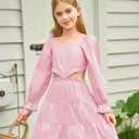 Haloumoning Girls Dresses Long Sleeve Square Neck Crossover Waist Casual A-Line Spring Fall Dress 5-14Y (Pink)