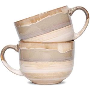Bosmarlin Large Ceramic Coffee Mug Set of 2, Stoneware Jumbo Latte Mugs for Office and Home, 16 Oz, Dishwasher and Microwave Safe(Brown Grey, 2)