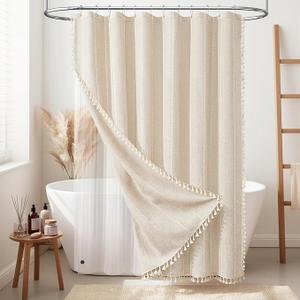 BTTN Boho Farmhouse Shower Curtain - Linen Rustic Heavy Duty Striped Fabric Shower Curtain Set with Tassel, Bohemian Vintage Country Cloth Shower Curtains for Bathroom，Grey，72" W x 84" L (Pack of 1)