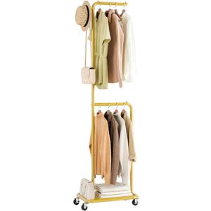 Small Clothes Rack with Wheels, 71" Portable Rolling Clothing Rack with Bottom Metal Shelf, Garment Rack with Hanging Rod, Sturdy Freestanding Coat Rack for Bedroom, Entryway, Gold