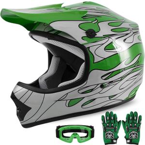DOT Youth Kids Motocross Offroad Street Dirt Bike Helmet Youth Motorcycle ATV Helmet with Goggles Gloves Green Flame S