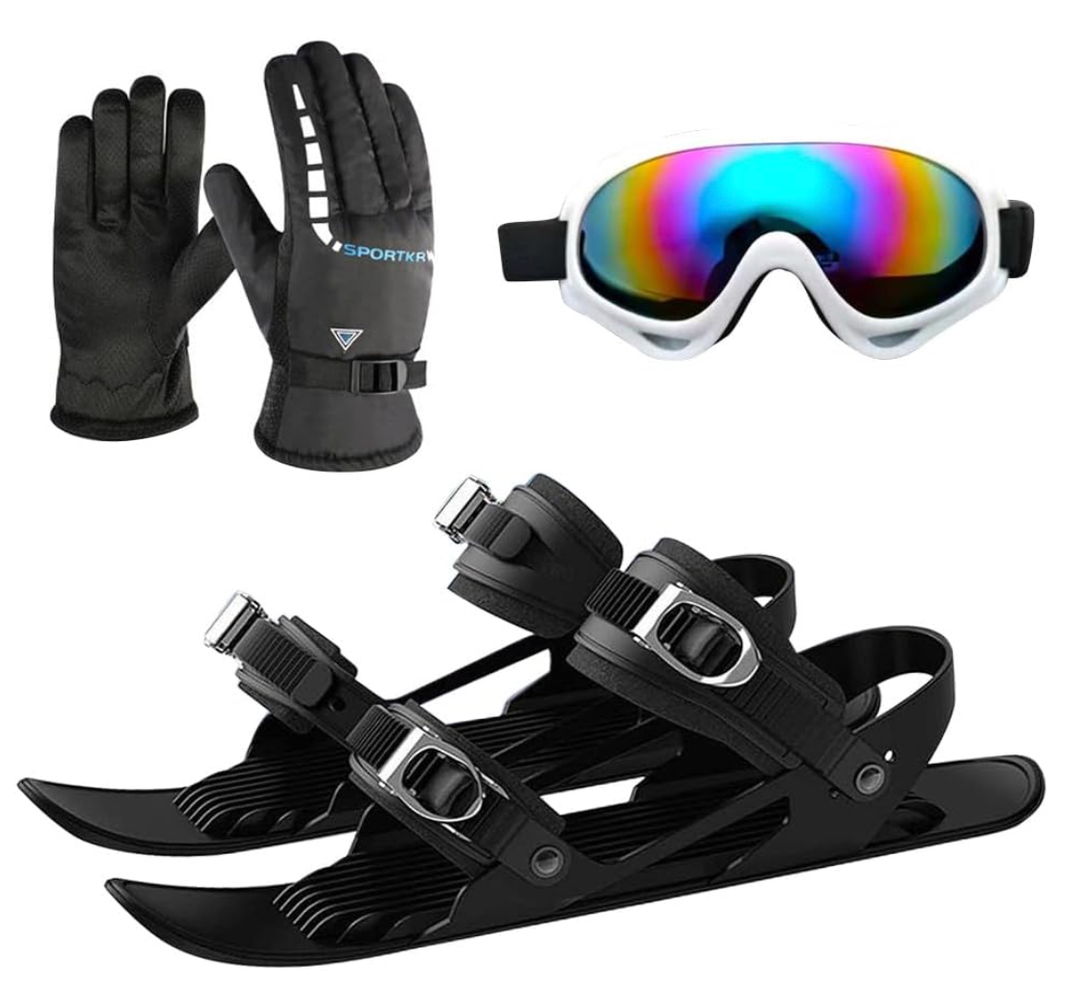 GKWW Mini Ski Skates with Gloves & Goggles Winter Outdoor Skiing Mini Sled Snowboard Sled Shoes Portable Snowblades Skis Shoes Adjustable Short Snowskates Skiboards