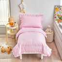 4 Pieces Pink Toddler Bedding Set with Ruffle Fringe, Solid Color Toddler Bed Set - 1 Toddler Comforter + 1 Fitted Sheet +1 Flat Sheet +1 Pillowcase for Baby Boys and Girls, 4 Pc Toddler Bedding Set