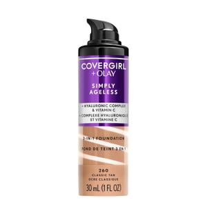 COVERGIRL & Olay Simply Ageless 3in1 Liquid Foundation, Matte Finish, Hyaluronic & Vitamin C Formula, 260 Classic Tan, 1 Count