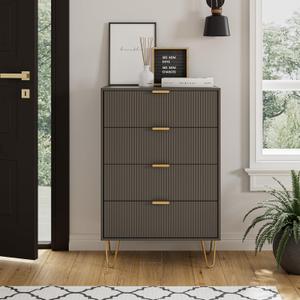 Masupu 4 Drawer Dresser, Drawer Chest, Tall Storage Dresser Chest Cabinet Organizer Unit with Gold Metal Legs, Nightstand for Bedroom, Living Room, Closet, Hallway Gray Stripe