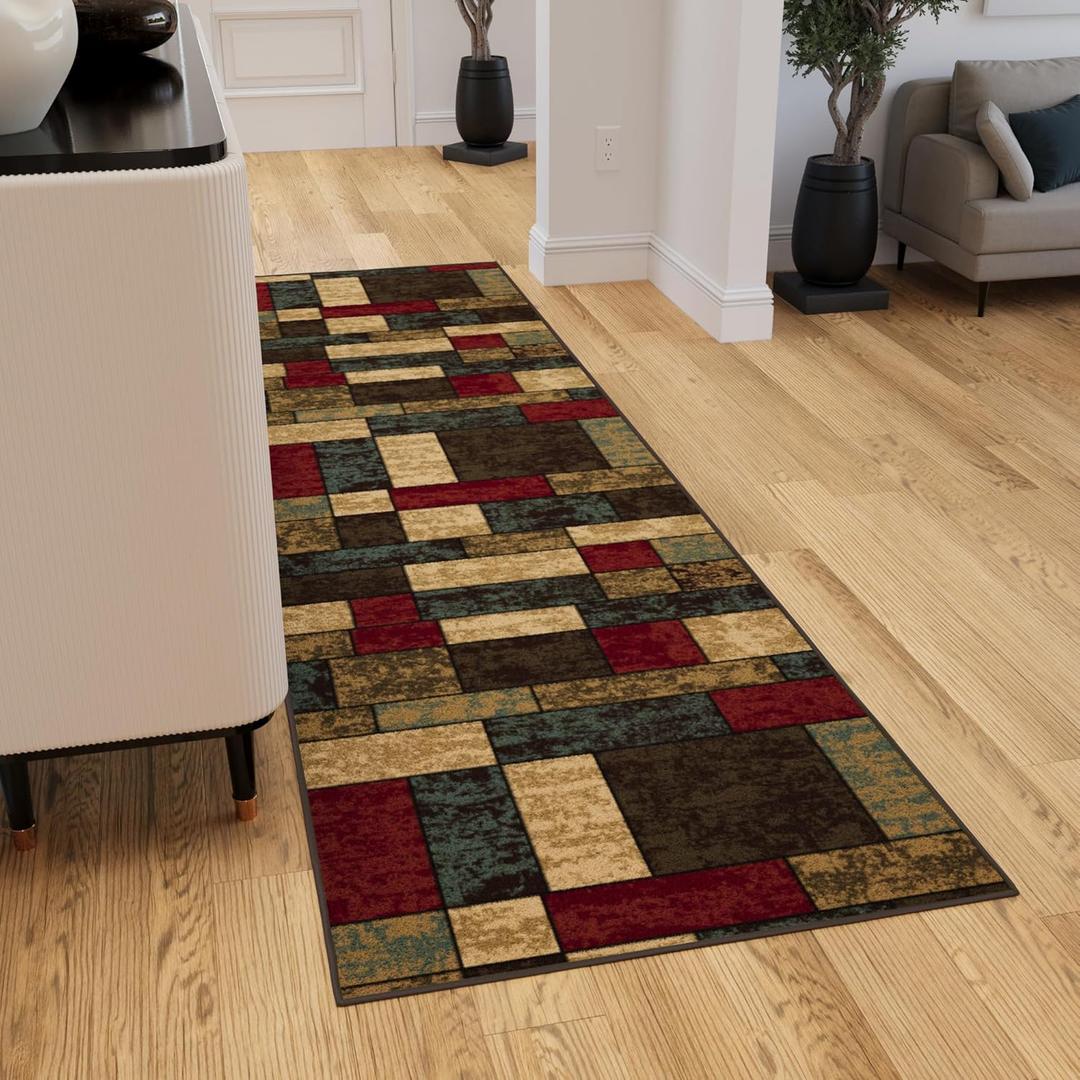 Ottomanson Hallway Runner Rug 2'7" x 9'6" Non Slip Boxes Area Rugs Easy to Clean Laundry Rug Runner Durable & Pet Friendly Floor Carpet Runners for Hallways Entryway Living Room Kitchen, Multicolor