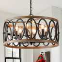 Farmhouse Antique Chandelier for Dining Room Kitchen Island 6-Light Drum Pendant Chandeliers Black and Brown Metal Round Hanging Lighting Fixtures Vintage Rustic Handmade Chandelier W19.7