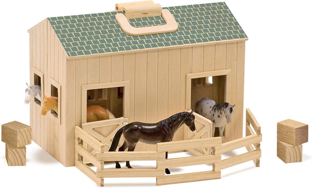 Melissa & Doug Fold and Go Wooden Horse Stable Dollhouse with Handle and Toy Horses (11 pcs)
