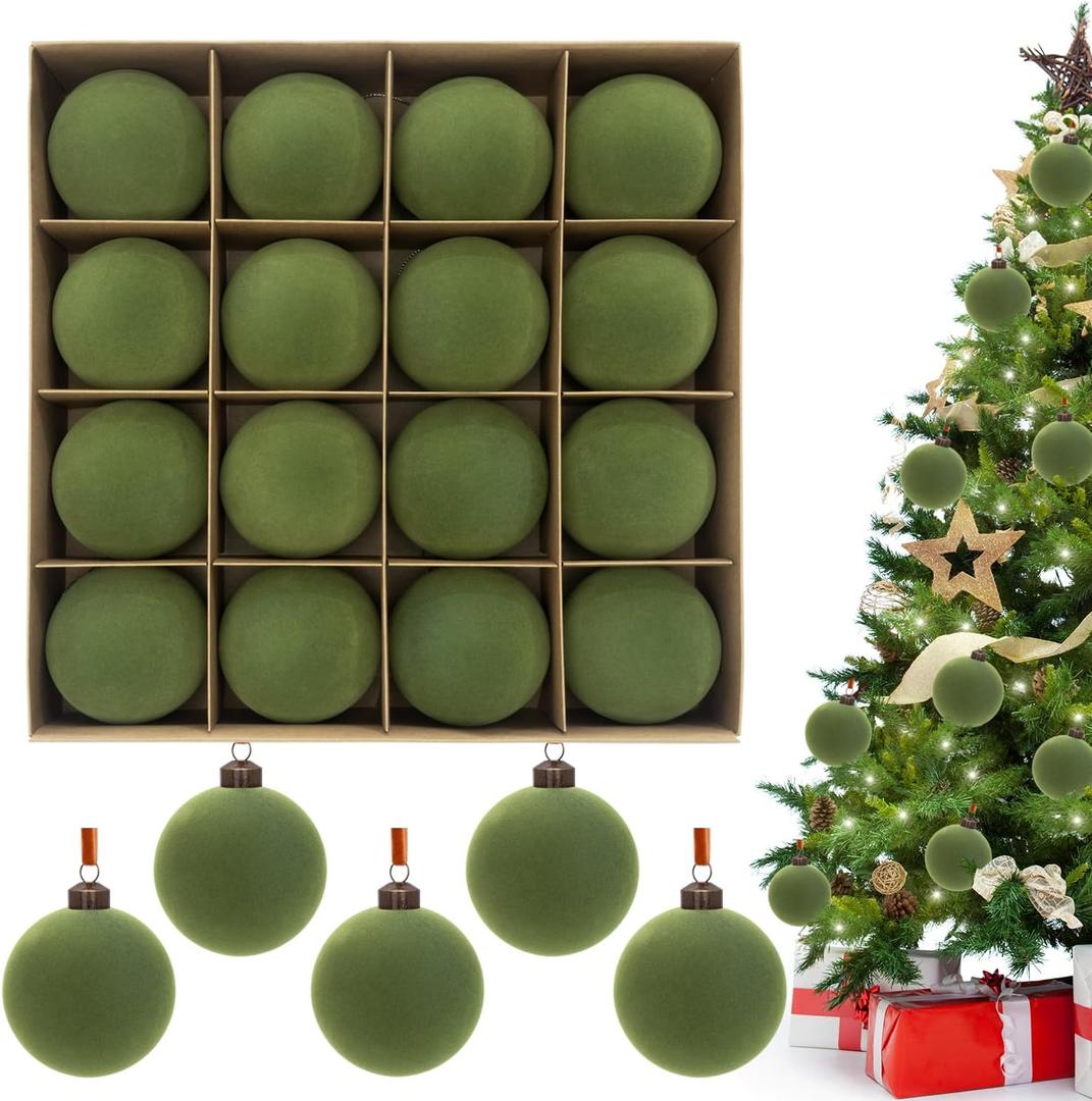 3.15" Green Velvet Christmas Ball Ornaments Set, 16 pcs Flocked Moss Green Xmas Tree Decoration, Large Shatterproof Decorative Hanging Balls for Party Holiday Wreath Garland Home Décor