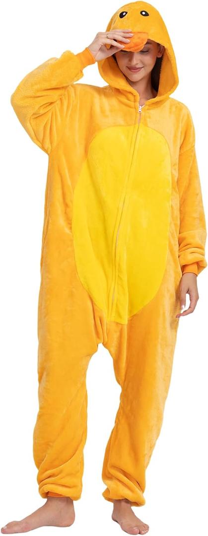 Unisex Adult Animal Onesie Pajamas, Men Women Flannel Halloween Cosplay Costume (Large, Duck)