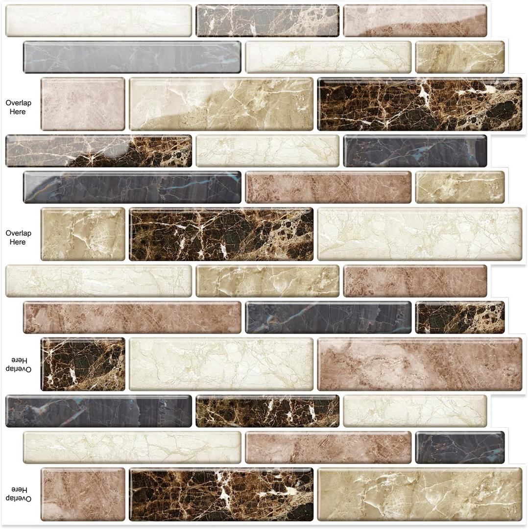 10 Sheets Peel and Stick Backsplash, Peel and Stick Tiles, Marble Look Wall Tiles Backsplash for Kitchen and Bathroom, Livingroom, 12"x12", Brown
