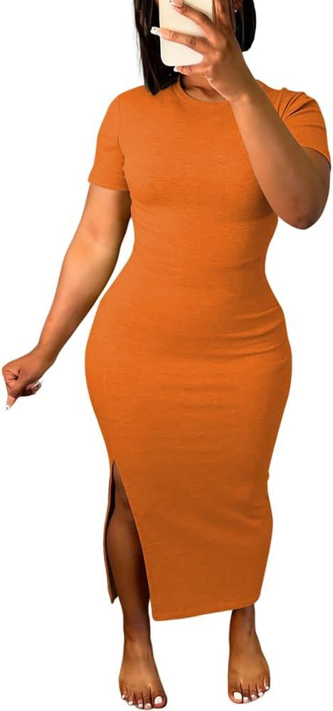HBQ Women's T Shirt Dresses Bodycon Side-Split Maxi Sundress-Orange-M