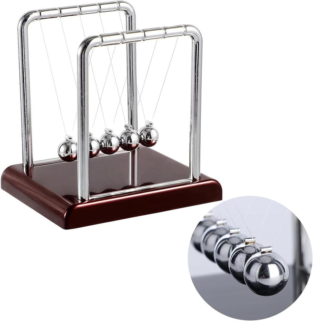 Newton's Cradle with 5 Steel Balls, Balance Pendulum for Physics Learning, Home & Office Decor, Stress Relief Educational Gift (Deep Red Base)