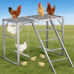 Chicken Swing Perch Set with Ladder - Backyard Chicken Coop Gym for Enrichment, Exercise, and Rest, Durable Metal Frame with Composite Wood Silvery