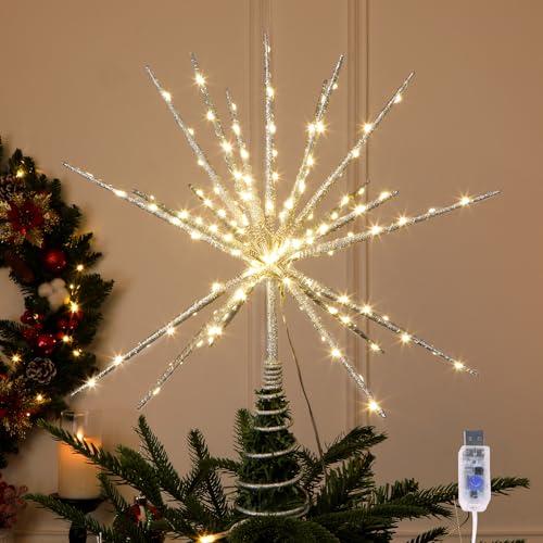 HMASYO 15 Inch Twinkling Starburst Christmas Tree Star Topper, 19-Point Silver Star Tree Topper with 150 LED, Remote Control & Timer, USB Power for Indoor Home Holiday Party Xmas Tree Decoration