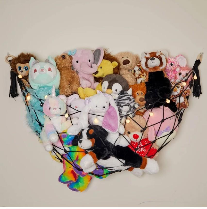 Stuffed Animal Storage Macrame Hammock w/String Lights for Flat Walls, Large - Boho Room Decor Toy Storage - Hanging Plushie Stuffed Animal Net Organizer (Black)