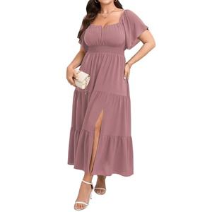 SCOMCHIC Womens Plus Size Maxi Dress Formal Short Sleeve Square Neck Smocked Side Split Flowy A Line Tiered Long Dress Pink, size 2XL
