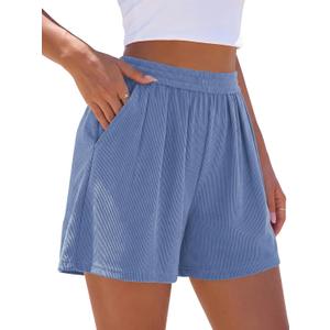 PRETTYGARDEN Womens Boxer Shorts Elastic High Waist Pleated Ruffle Workout Shorts Women Wide Leg Loose Fit Casual Bottoms (Grey Blue, Medium)