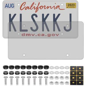 2 Pack License Plate Covers, Clear Flat License Plate Protector Unbreakable Plastic Shields Tag Holder Fits Standard US Plate with Screws Caps (Gray)