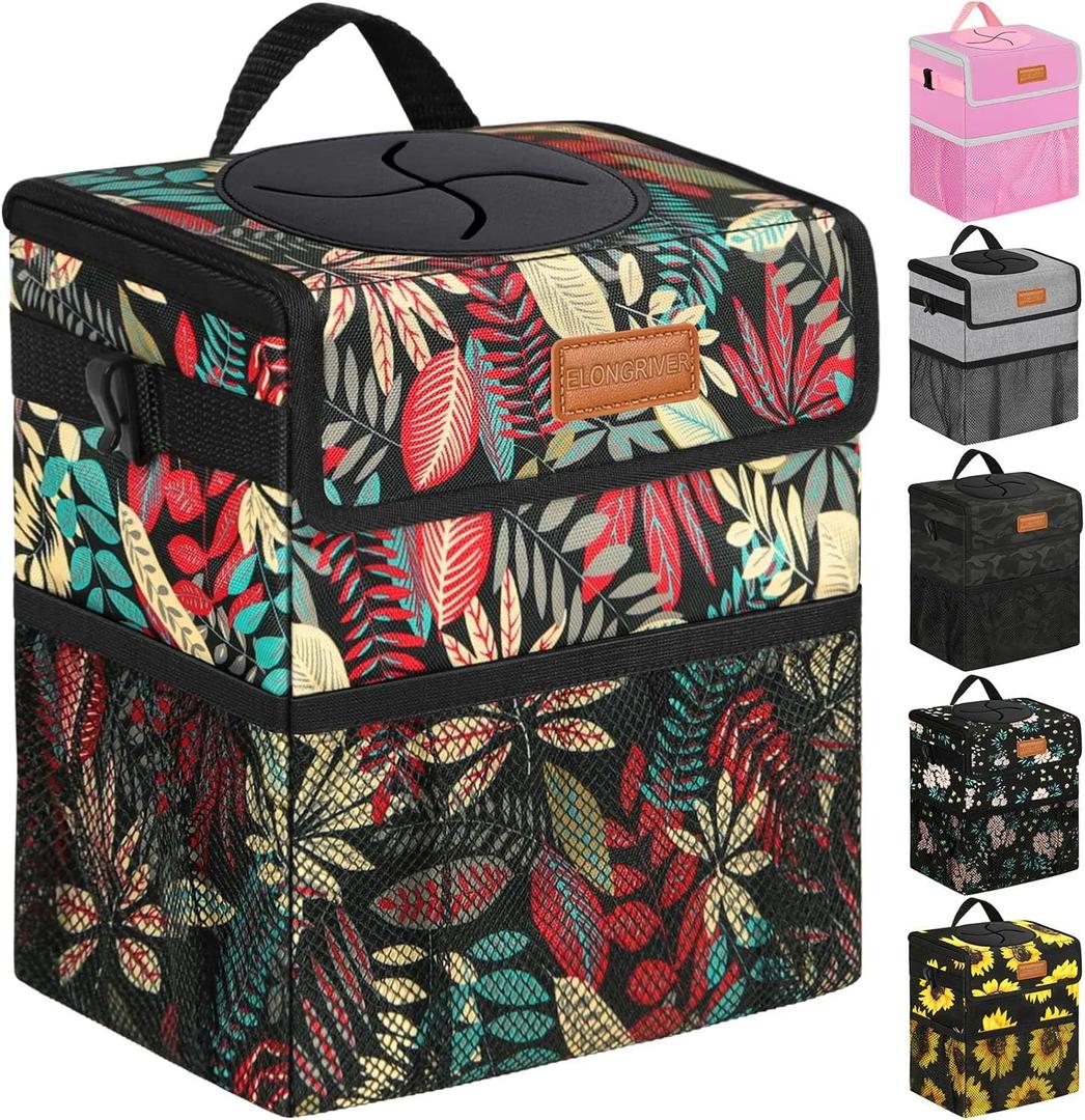 Car Trash Can Bin for Back Seat Leak Proof, Cute Car Trash Bag Hanging, Vehicle Trash Can for SUV Truck Van, Automotive Garbage Cans Front Seat Red Leaves, 2 Gallons