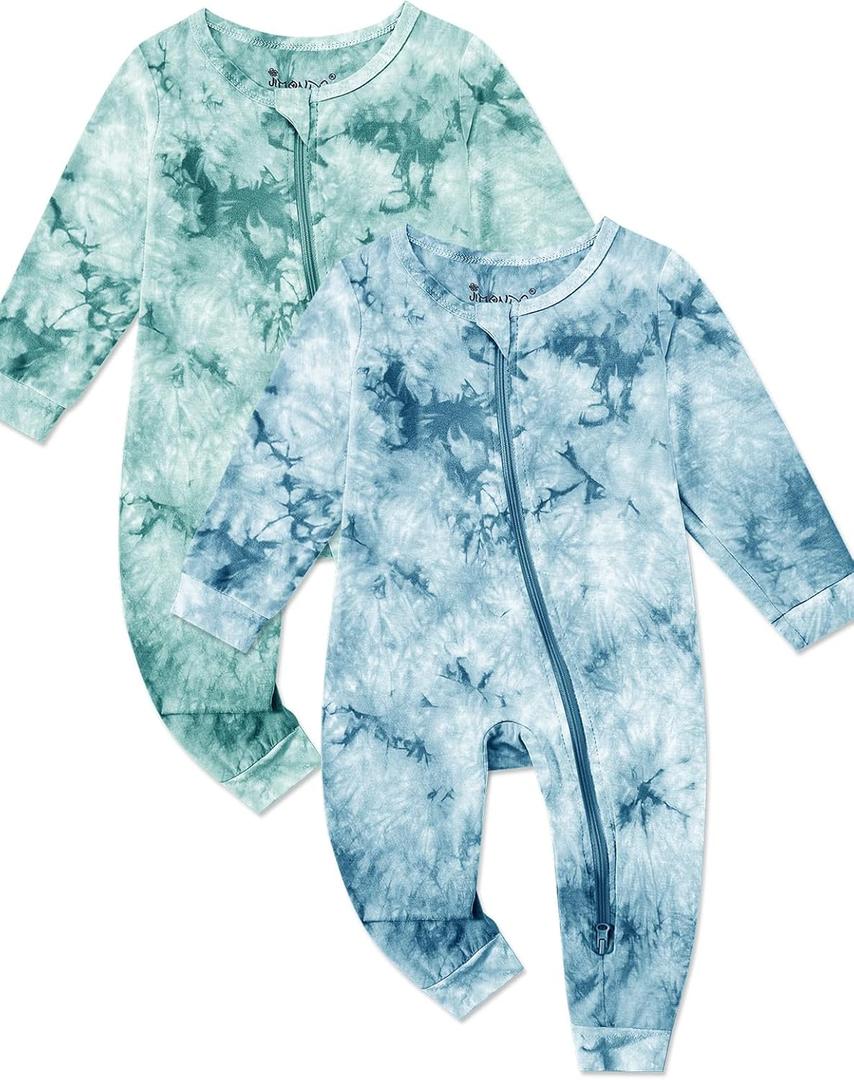 Jimonda Baby Girls Boys Footless Pajamas,Rayon From Bamboo Pjs 2 Way Zipper Long Sleeve Soft Sleeper,Infant Tie-dye Romper (3-6 Months, Blue&green)