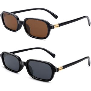 NULOOQ Retro Rectangular Sunglasses for Women, 90s Trendy Small Narrow Square Frame Sun Glasses (A1* (Black Frame/Brown Lens + Black Frame/Gray Lens) - 2 Pack)