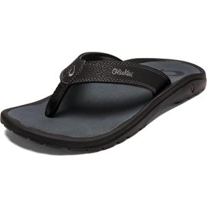 OLUKAI Ohana Men's Beach Sandals, Water Resistant Flip Flops, Arch Support & Comfort Fit, Lightweight & Durable, Enhanced Grip & Traction (Black)