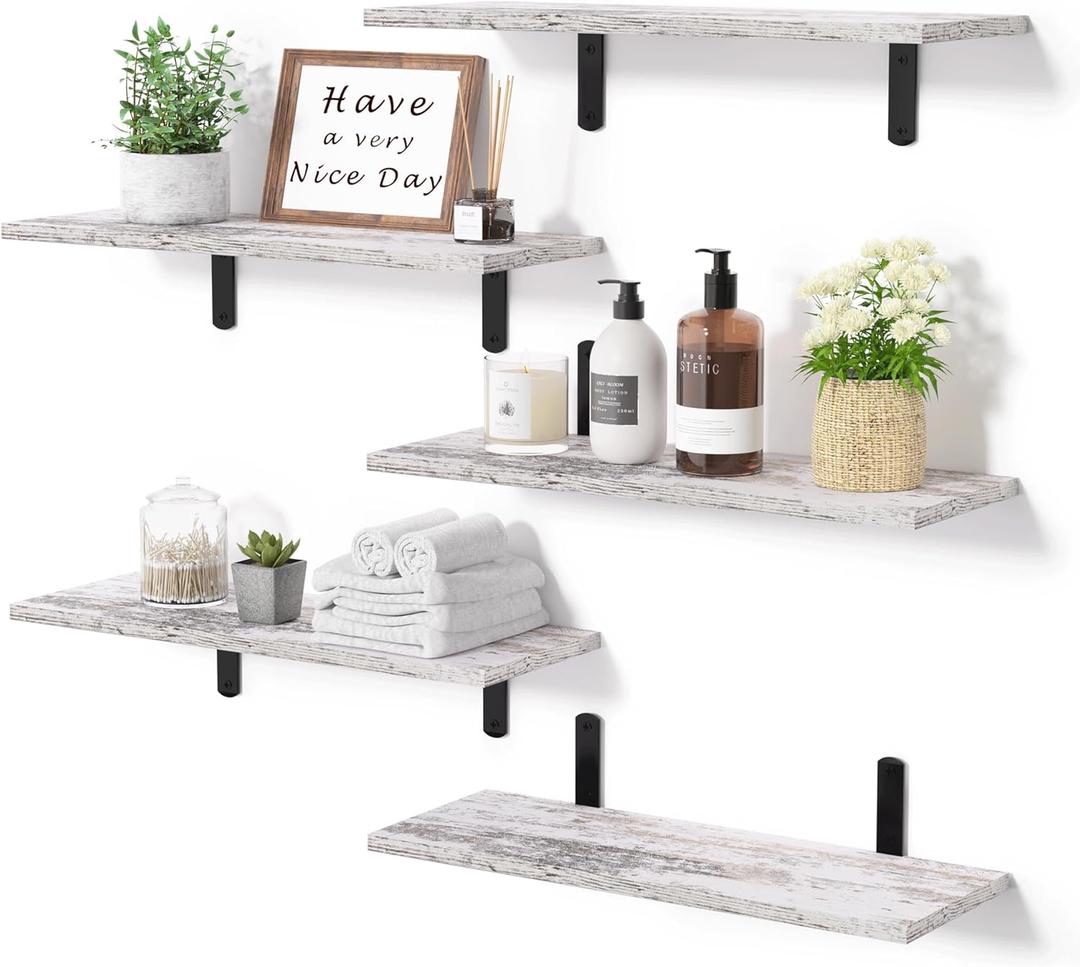 Upsimples Floating Shelves for Wall Decor Storage, Rustic White Wall Mounted Shelves Set of 5, Sturdy Small Wood Shelves Hanging for Bedroom, Living Room, Bathroom, Kitchen, Corner, Book