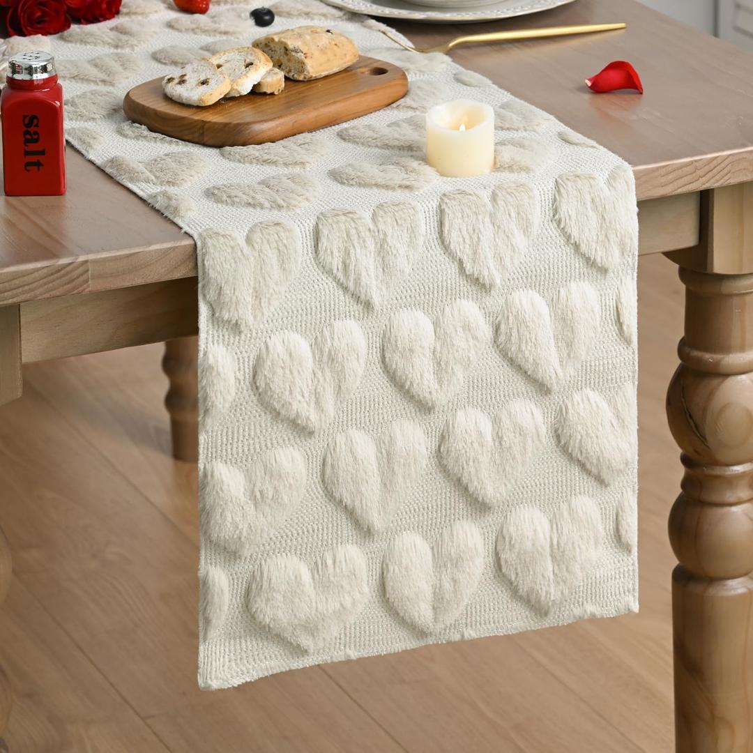 Artoid Mode Beige Soft Plush Faux Fur Jacquard Love Heart Valentine's Table Runner, Kitchen Dining Table Decoration for Home Party Decor 13x72 Inch