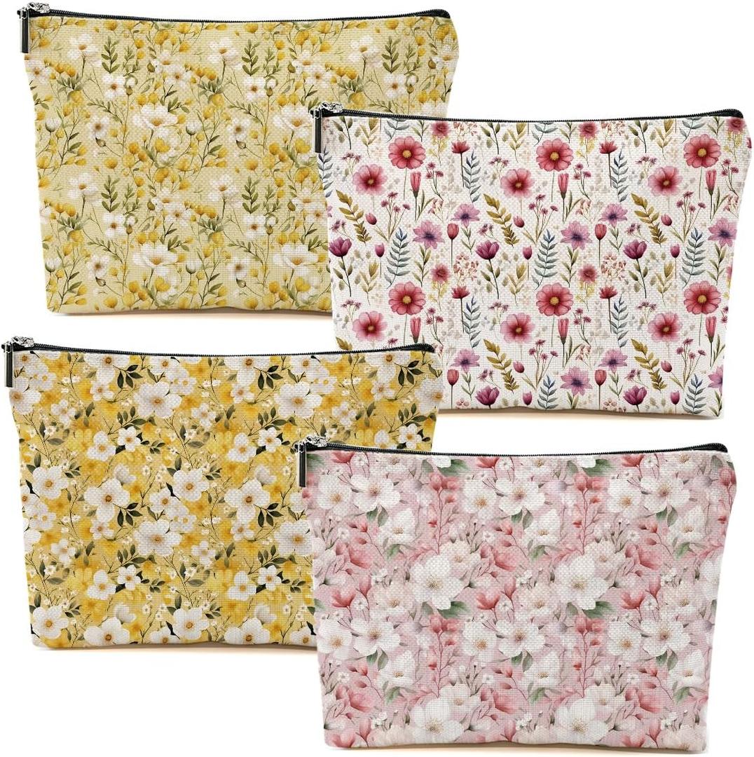 4 Packs Watercolor Pink Yellow Flowers Makeup Bag Floral Cosmetic Bag Friend Friendship Gifts for Women Girls Sister Boss Botanical Travel Organizer Zipper Pouch Christmas Thanksgiving Birthday Gifts