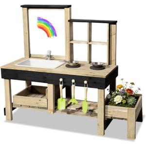 Mud Kitchen Playset for, Outdoor Wooden Toy Play Kitchen Set for Boys and Girls, Kitchen Accessories and Garden Sink with Faucet & Storage Shelves for Backyard Garden Toy (Black), 47.2 inches x 18.5 inches x 39 inches