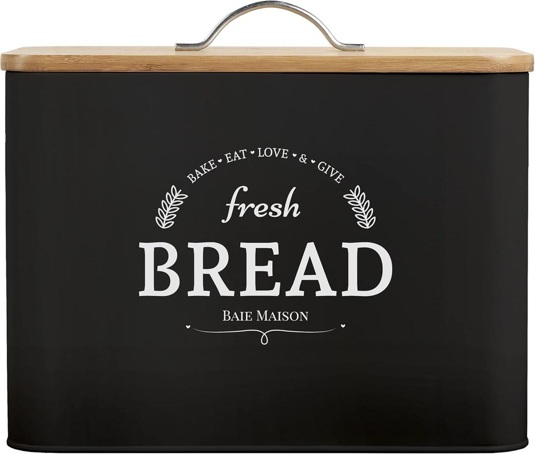 Extra Large Black Farmhouse Bread Box for Kitchen Countertop - Breadbox Holder Fits 2+ Loaves - Bread Storage Container Bin - Rustic Bread Keeper Vintage Metal Kitchen Decor (Black with Wood Lid)