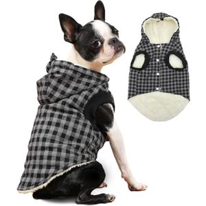 Fleece Lining Dog Hoodie for Small Dogs Extra Warm Plaid Sweater with Drawstring Hooded Coats in Winter Puppy Jacket,Black S (Small (Pack of 1))