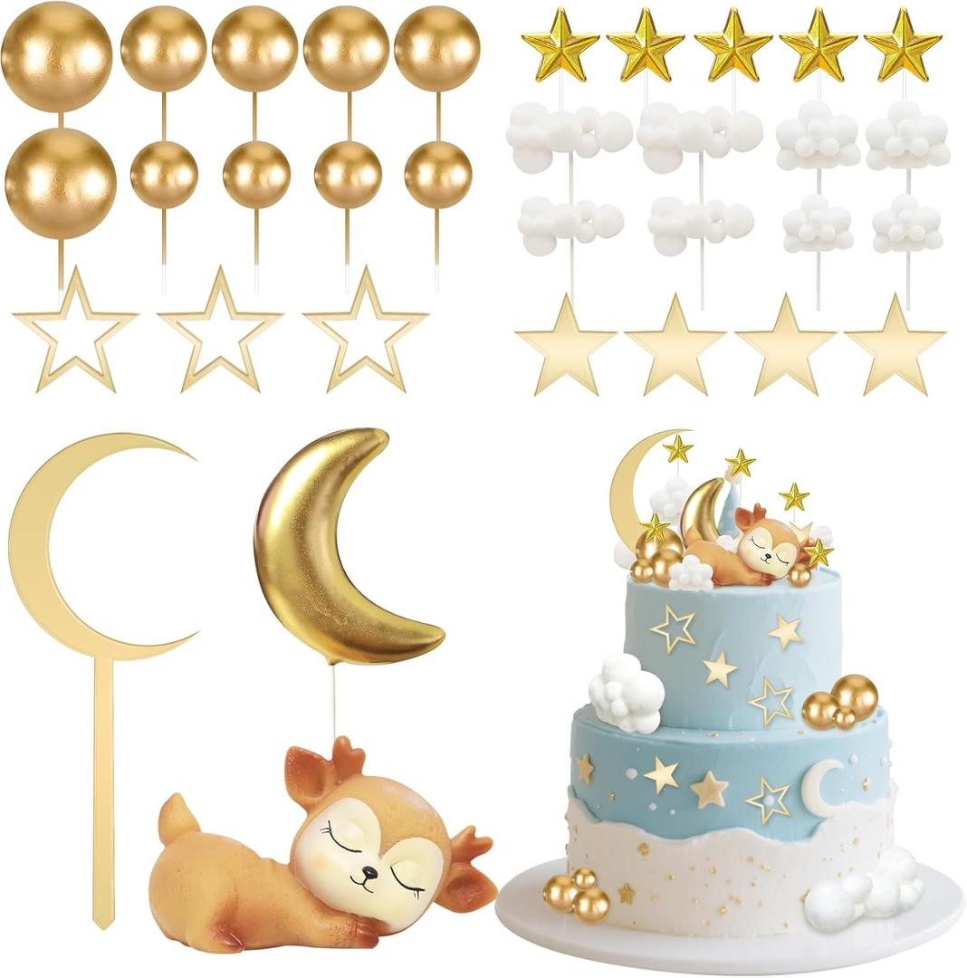 Knana 33Pcs Moon Star Cake Toppers Deer Cake Topper with Moon Star Cloud for Baby Shower Birthday Party Supplies