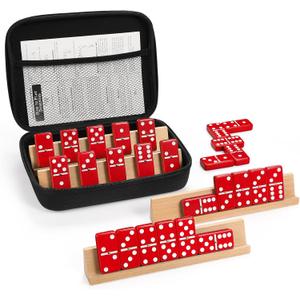 Jumbo Dominos Set for Adults with 4 Wooden Racks/Trays, Double 6 Dominoes Travel Set with Portable Case Double Six Dominoes Set with 4 Tiles Holders, 28 Tiles Dominos Set for Family Board Games