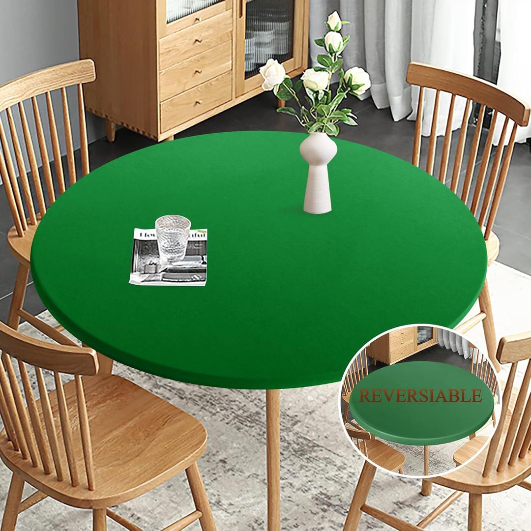 Obstal Fitted Round Green Table Cloth, Reversible Waterproof Stain Resistant Elastic Stretch Tablecloth, Wipe Clean Table Cover for Outdoor/Indoor Use, Fits Round Tables up to 40" - 44" Diameter