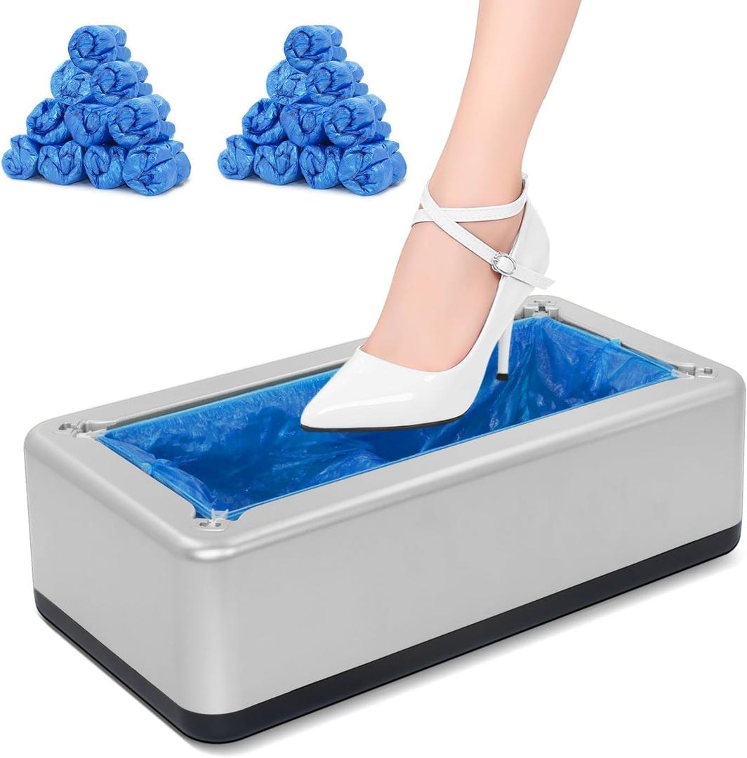 Shoe Covers Dispenser with 200pcs Disposable Shoe Covers Non Slip, Automatic Shoe Cover Machine,Fits Size Up to 11 US Men, for Home, Office, Factory, Supermarket, Silver