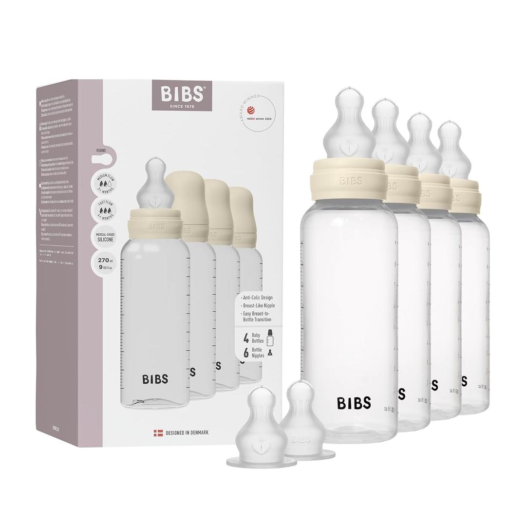 BIBS Baby Bottle 270 ml Silicone Nipple 4 Pack - Anti-Colic, BPA-Free, Round Nipple, Lightweight & Easy to Clean, Suitable for Newborns 0+ Years, 4-Pack + 2 Extra Nipples - Ivory