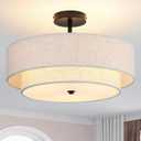 18" Semi Flush Mount Ceiling Light with Fabric Lampshade Modern Drum Ceiling Lamp Black Ceiling Light Fixture for Dining Room Kitchen Bedroom Living Room