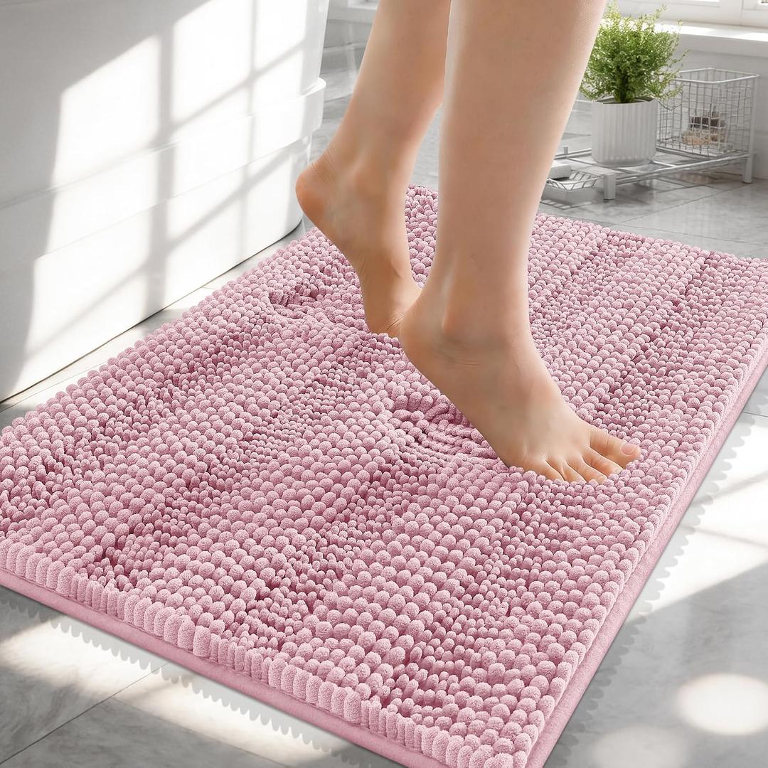 OLANLY Thick Small Bathroom Rugs 24x16, Extra Soft Absorbent Chenille Striped Bath Rugs, Rubber Backing, Machine Wash, Bath Mats for Bathroom Floor, Tub and Shower, Home Decor Accessories, Dusty Rose
