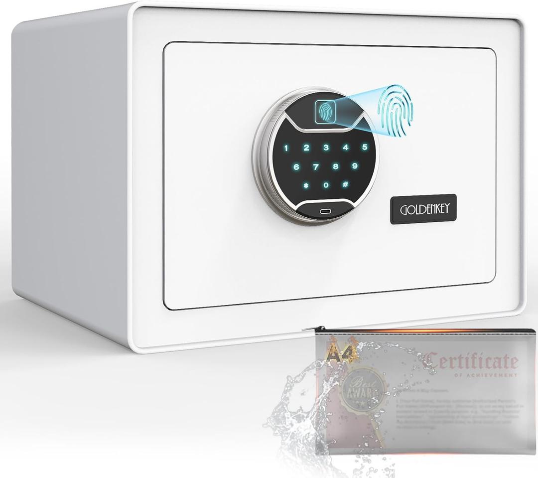 Goldenkey White Fingerprint Safe for Home, Biometric Security Safe Box with Touchscreen Keypad, Jewelry Safes for Cash, Document Safes with Fireproof Waterproof Bag for Bedroom, Closet, Office