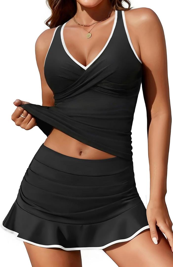 Aqua Eve Women's Two Piece Tankini Swimsuit with Skirt -Tummy Control Ruched Bathing Suits Twist Front Swimdress 2026 L