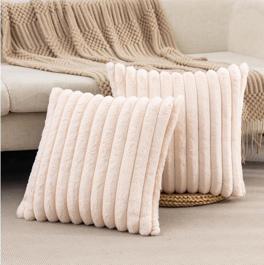 ZLINA Set of 2 Beige Faux Fur Decorative Throw Pillow Covers Fluffy Striped Pillowcase Cushion Covers 18 x18 Inch Decor Sofa Couch Bedroom