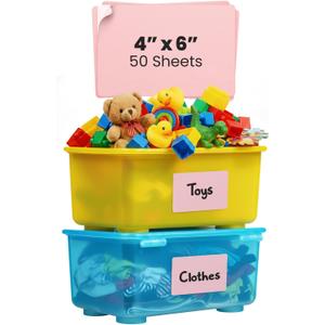 MESS Large Bin Labels for Storage (50 6x4) - Pantry and Craft Organization - Removable Labels for Moving Boxes (Pink)
