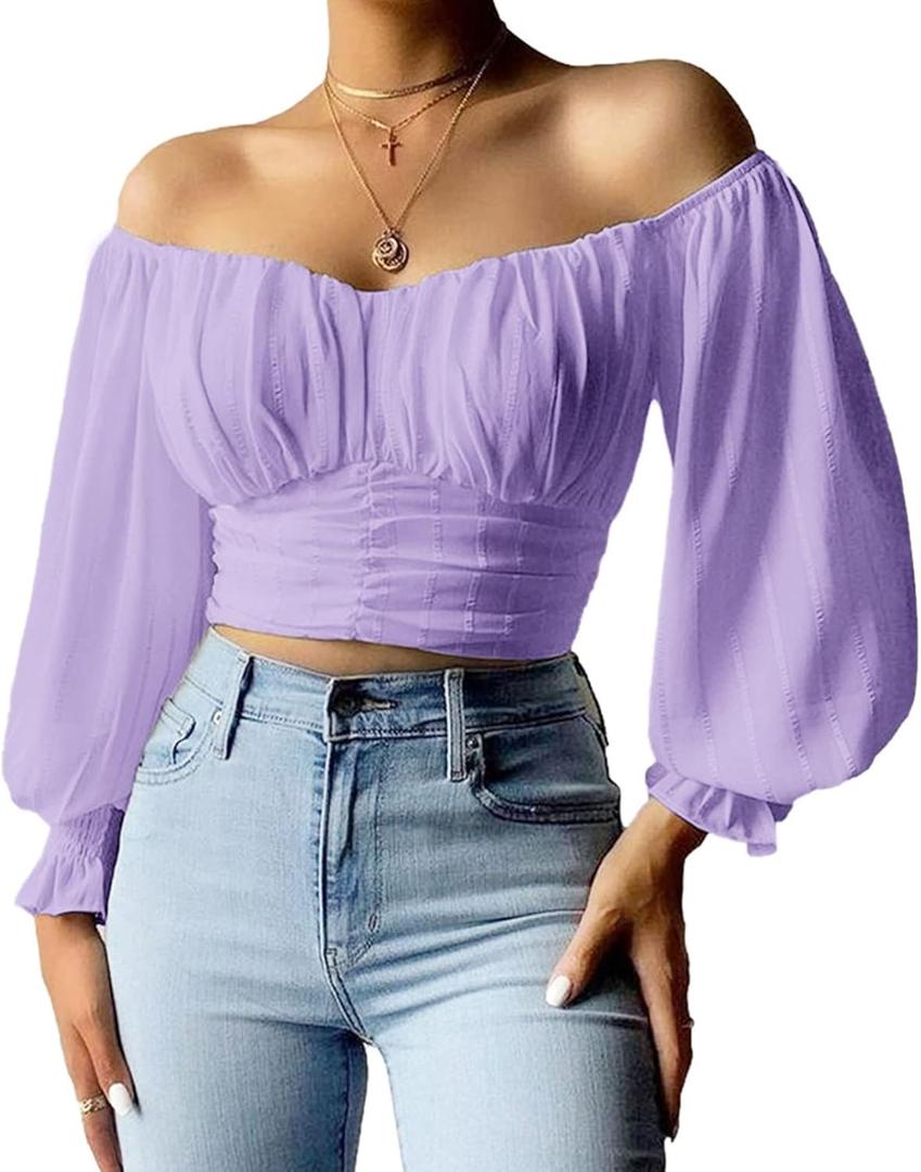 MIRACMODA Woman Off Shoulder Ruched Tie Back Lantern Sleeve Crop Tube Top Chiffon Blouse (X-Large)
