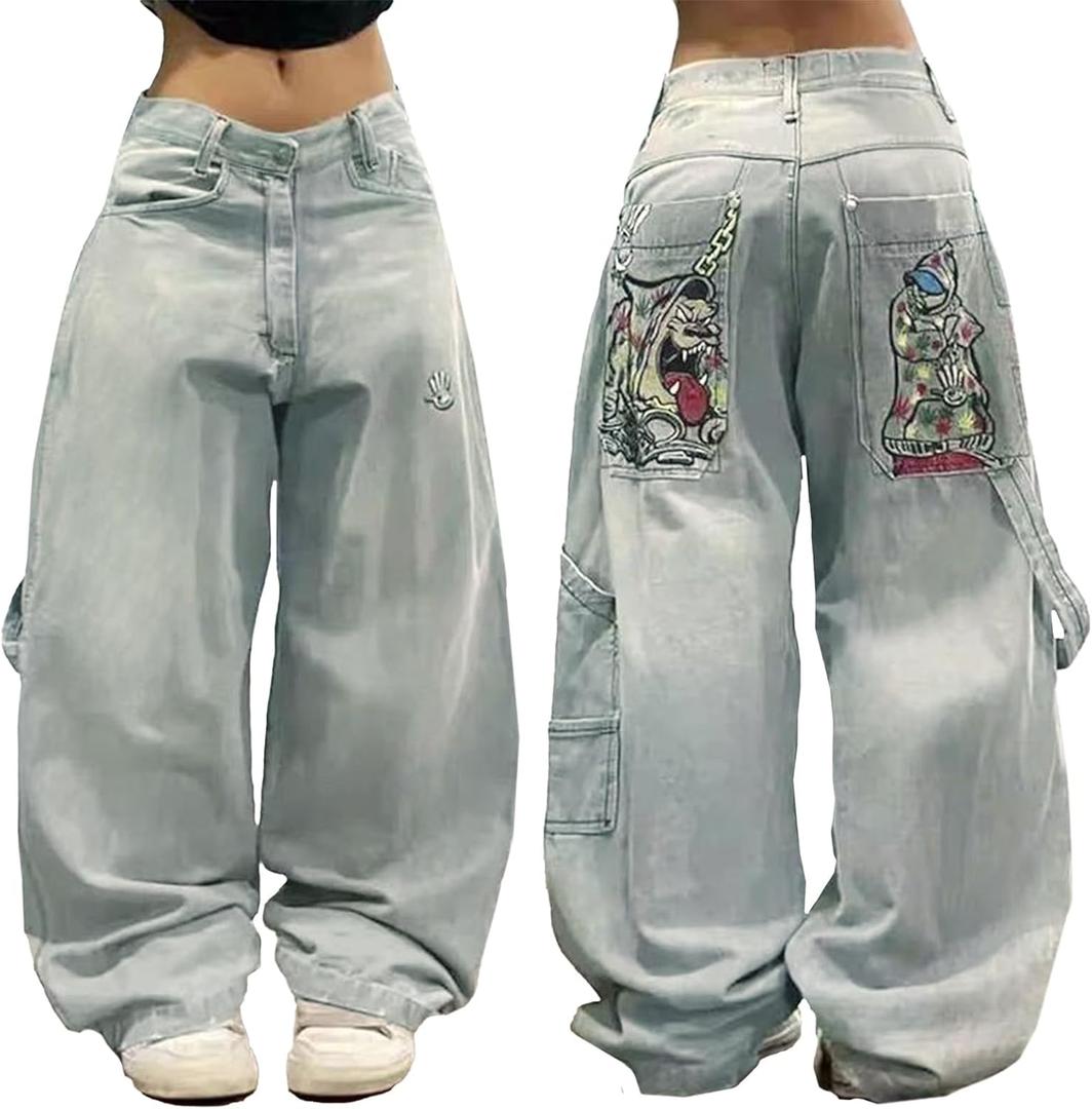 EMMIOL Women Boyfriends Hip Hop 90s Vintage Baggy Jeans Loose Denim Pants Mid-Low Waist Jeans (Large, Grey Blue-003)