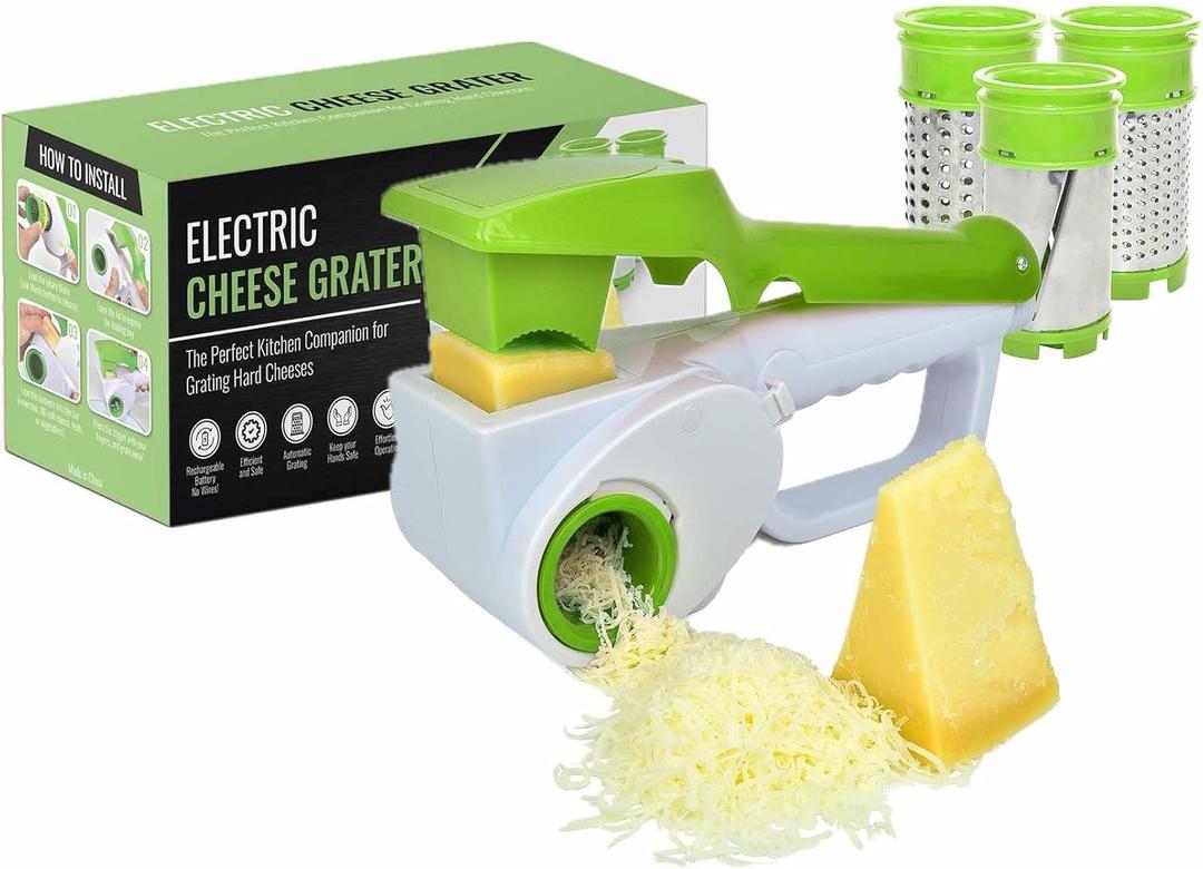 Electric Cheese Grater for HARD Cheeses (NOT Cheddar!) - JUST AMAZING DEALS Automatic Electric Handheld Rotary Cheese Grater Slicer For Parmesan Cheese, Cordless with Rechargable Battery (Green)